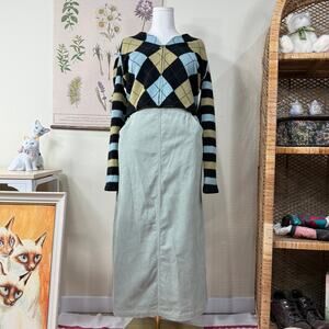 Vintage 90s Embroidered Leaves Snowflakes Corduroy Maxi Skirt Cottage Grandma M